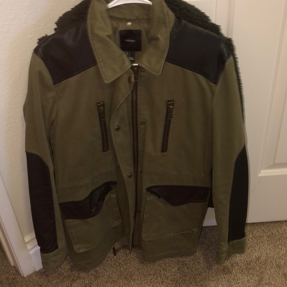 Military green coat with faux leather details